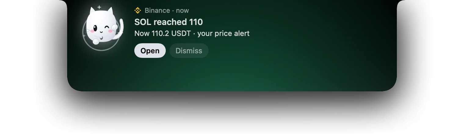 A price alert card: SOL reached 110